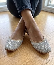 Punjabi Jutti Women Silver Crystal Embellished Khussa Indian Bridal Shoes Sz 8.5