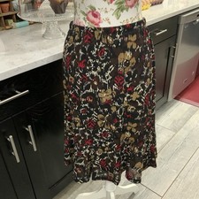 Sag Harbor Skirt Elastic Waist Knee Length Floral Black Brown Red Sz Small Lined