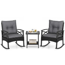 3-Piece Rattan Rocking Bistro Set w/Tempered Glass Tabletop  Cushions for Porch