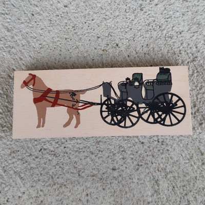 Painted Wooden Rectangle Block with Horse-Drawn Carriage Transportation Theme