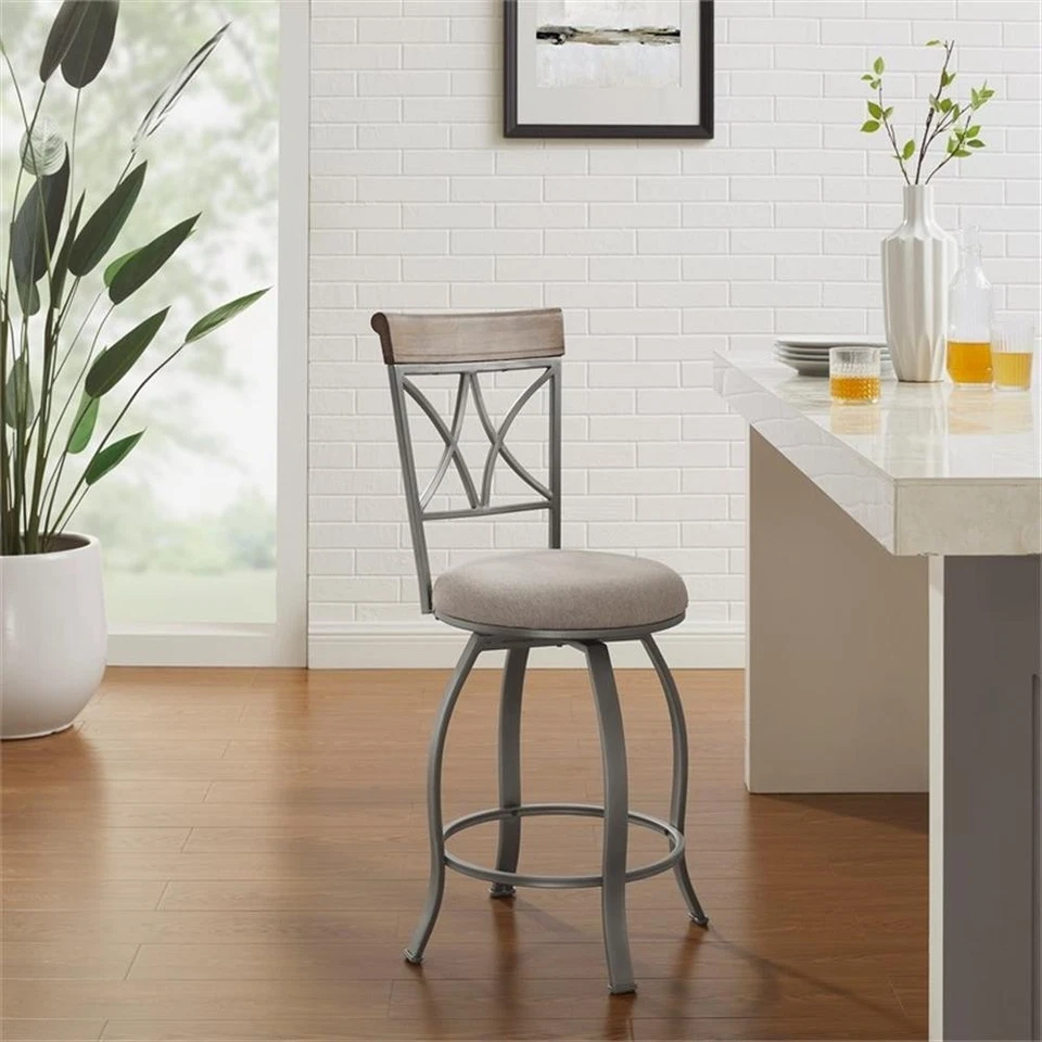Linon Hamilton Metal Swivel Counter Stool Padded Beige Seat in Matte Pewter - Image 2 of 4