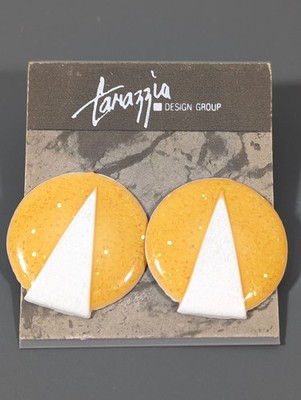 Vintage Tarazzia Yellow White Geometric Enamel Earrings Pierced Triangle Round