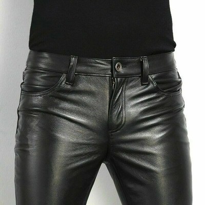 Men's Tight Leather Pants 80s Punk Rock Skinny Motorcycle Gothic Biker Trouser 