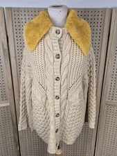 Zara Beige Aran Style Chunky Cream Cardigan Brown Mustard Collar BNWT M/L