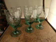 Set of 6 Libbey Orchard Fruit Green Glass Water Goblets Footed Ice Tea Glasses