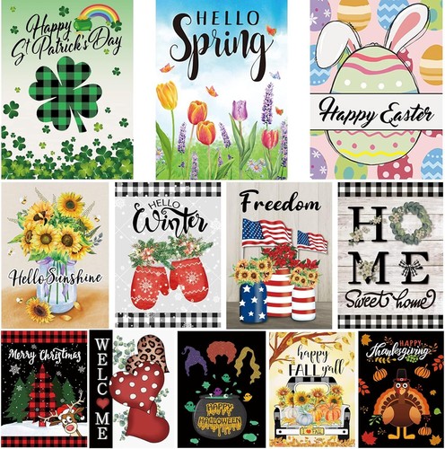 Pating Seasonal Garden Flags Set of 12 Double Sided 12 x 18 Inch, Small Yard Fla