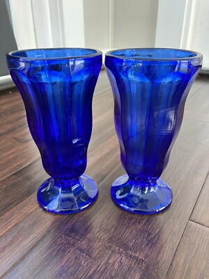 Vintage Cobalt Blue Glass Footed Tulip Goblets Set of 2 Sundae Parfait Glasses