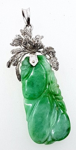 Vintage carved Jadeite Jade PENDANT, 9k (375) white gold, double sided, leaves - Picture 5 of 12