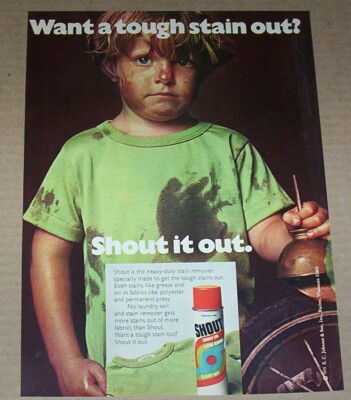 1976 print ad page - Shout Laundry cute little boy SC Johnson & Son advertising