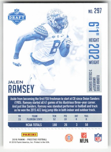 2016 Panini Prestige Jalen Ramsey RC #297 Jacksonville Jaguars - Picture 2 of 2