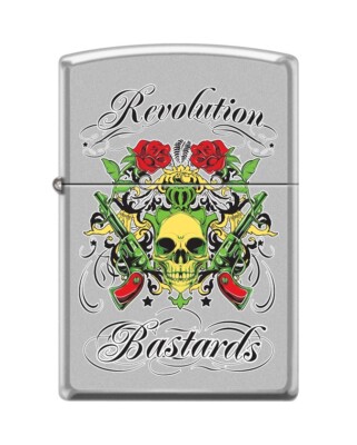 Zippo 9000, Revolution Bastards-Skull & Roses, Satin Chrome Finish Lighter