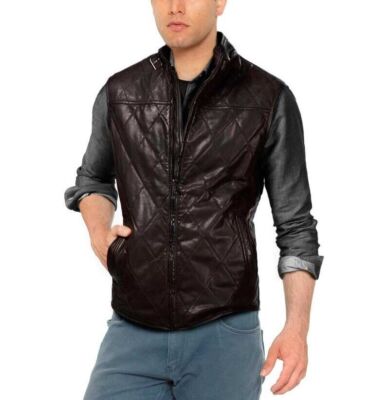 Classic Western Black Waistcoat Zipper Men Lambskin Leather Vest Coat Jacket