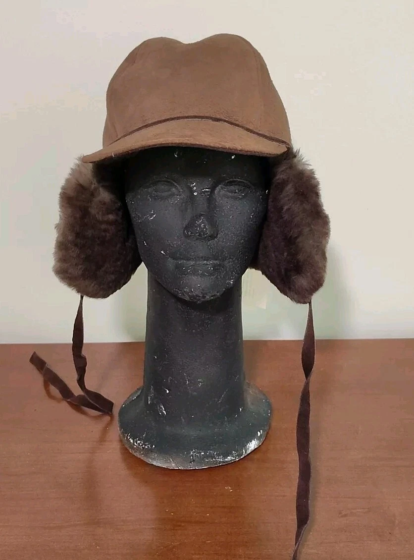 Vintage Mr. Bick USA Men M Hat Brown Suede Leather Aviator Hat BK35 Sheepskin