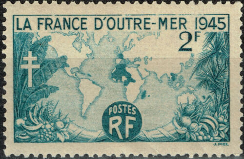France Empire Colonial Carte Monde Timbre Palmiers 1945 MLH B-1 - Photo 1 sur 1