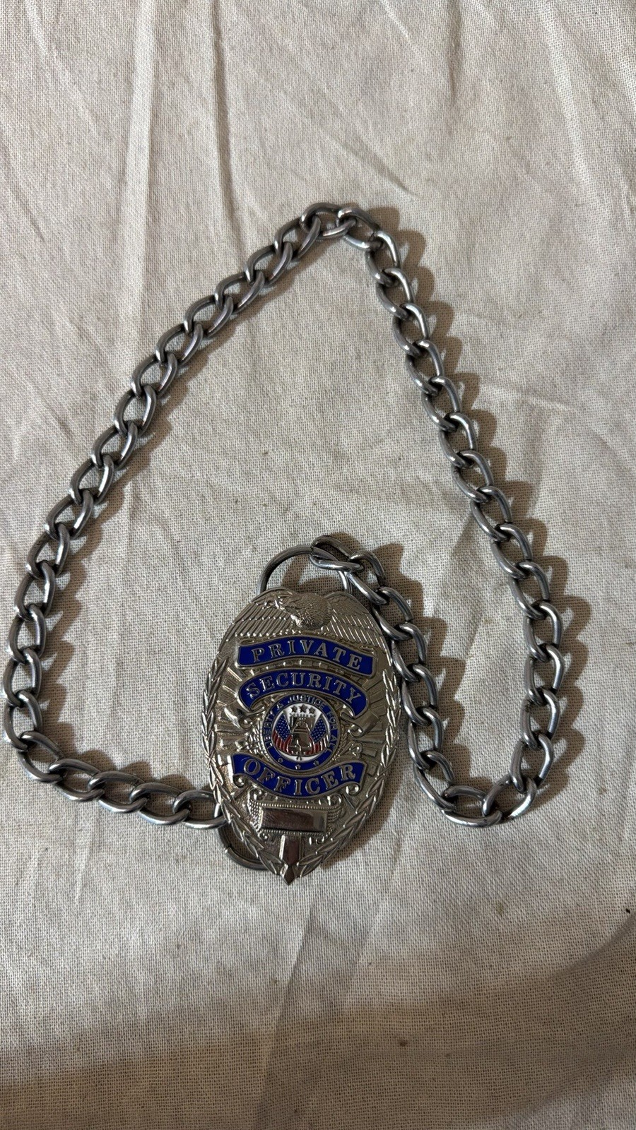 Private Security Officer Metal Badge with Chain Silver Tone Eagle Emblem
