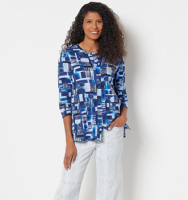 LOGO Lori Goldstein Cardigan Large Blue Printed Cotton Slub 3/4 Sleeve