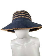 Sun N' Sand Beach Wide Brim Hat Womens Blue Striped UPF 50 Adjustable Chambray