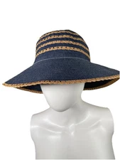 Sun N' Sand Beach Wide Brim Hat Womens Blue Striped UPF 50+ Adjustable Chambray