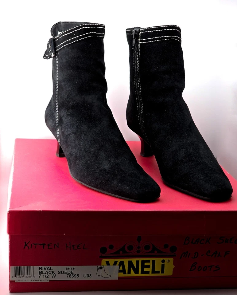 Vintage Vaneli Edgy Rivel Black Suede & Silver Side-Zip Kitten Heel Boots 7.5 W - Image 4 of 4