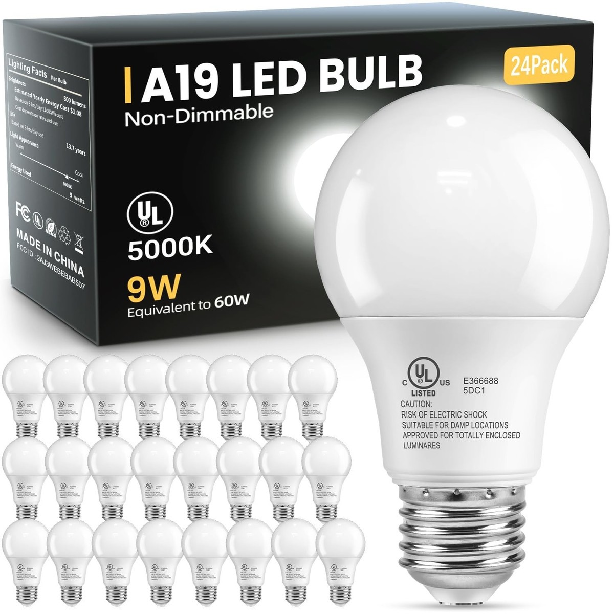 12Pack Regal LED A19, E26 Light Bulbs Daylight 9W (60W Equivalent) 800 Lumens