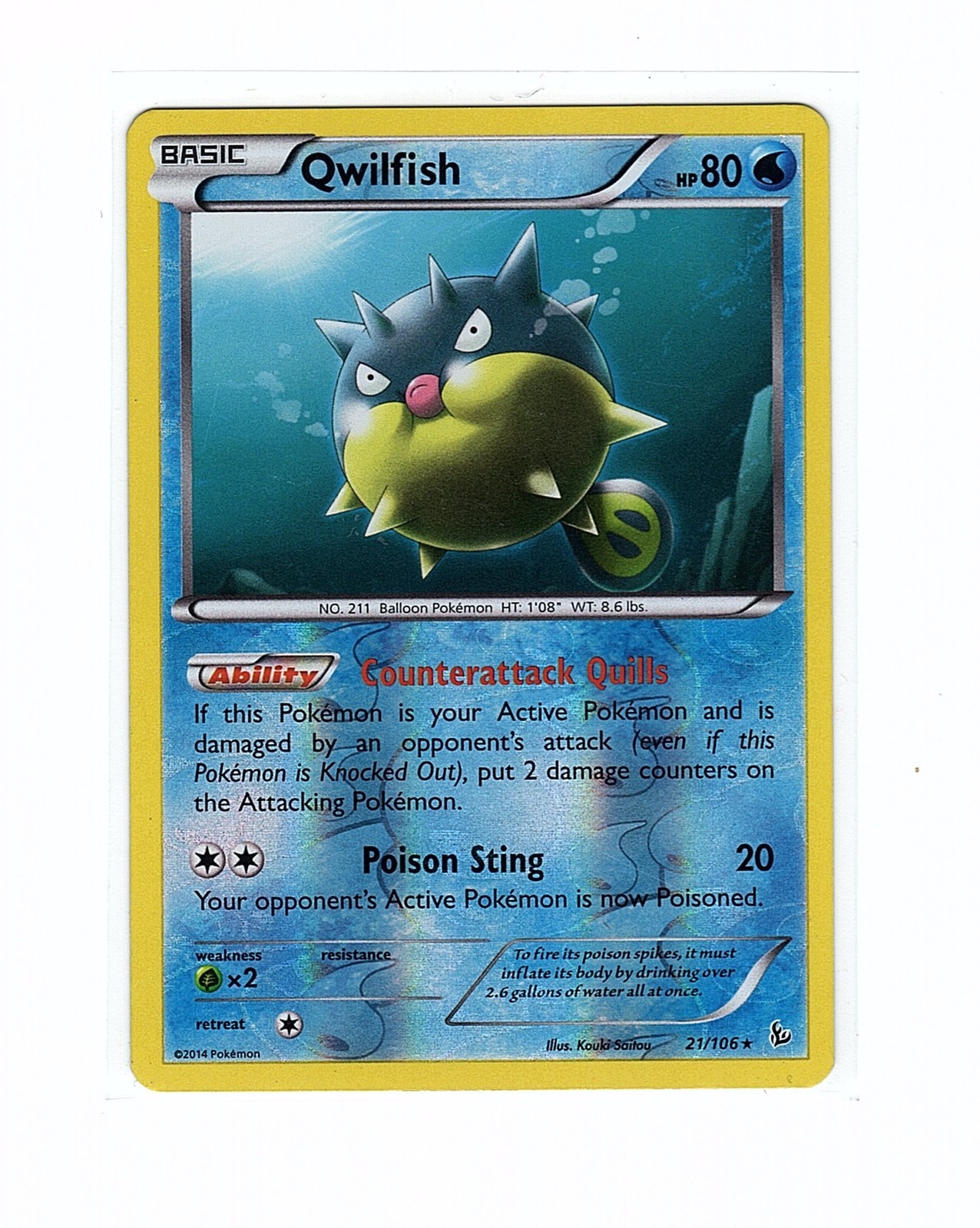 Qwilfish 21/106 Flashfire Reverse Holo Rare - Pokemon Card LP