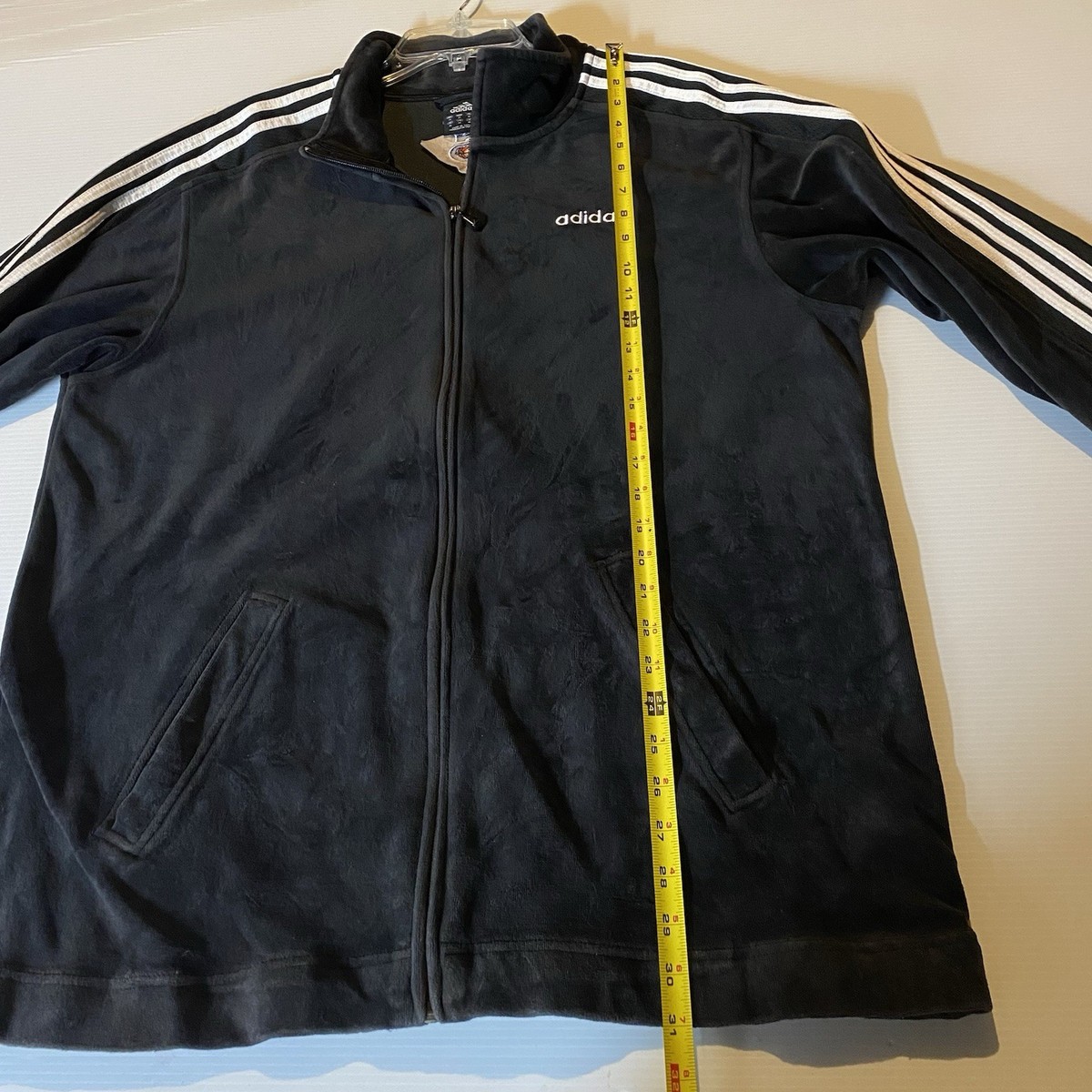 Adidas Velour Track Jacket Mens Large Black Full Zip 3 Stripe
