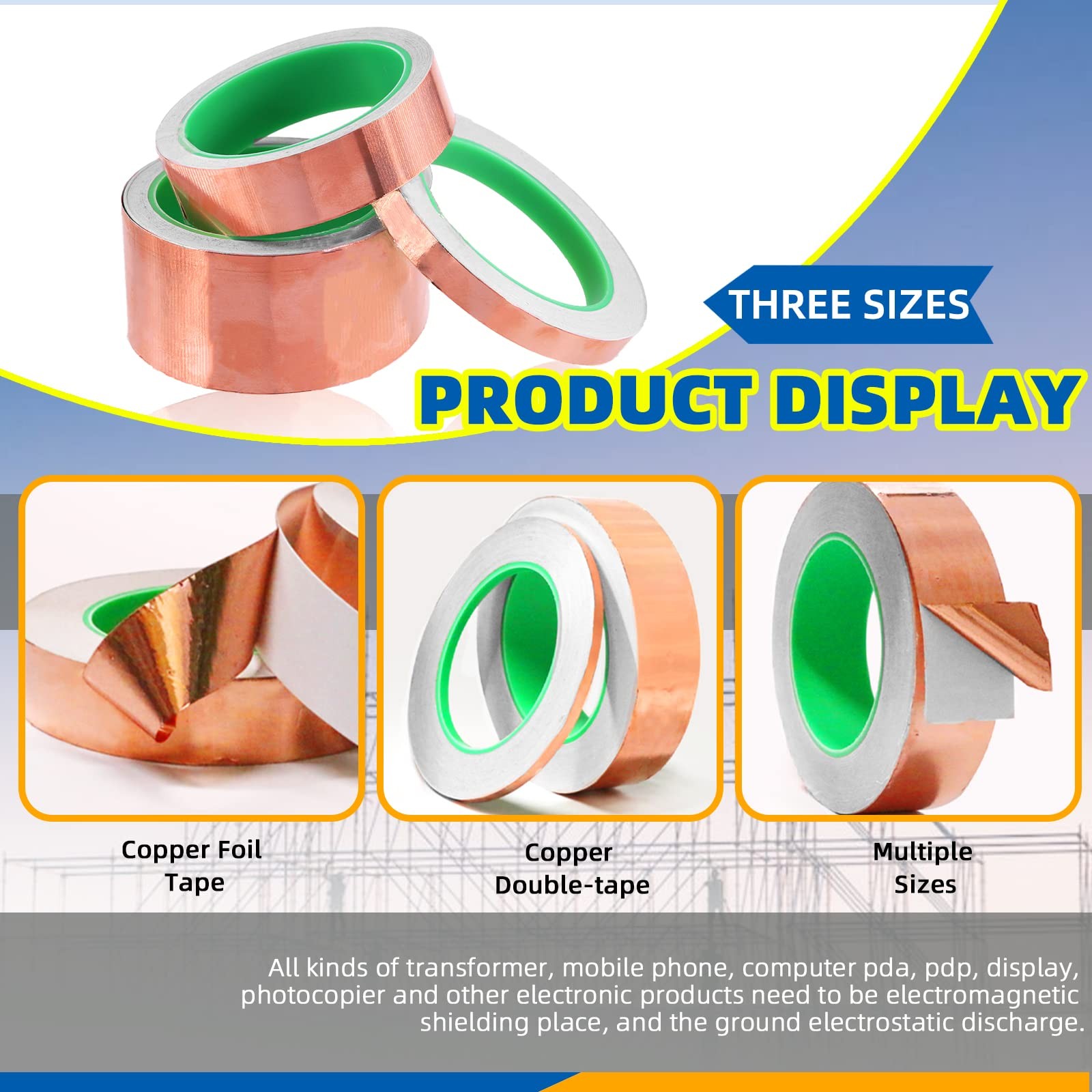 3 Rolls Copper Tape with Conductive Adhesive, 3 Sizes Double-Sided Copper Foi...