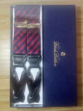 1S Brooks Brothers Suspenders Braces Navy/Wine Stripe Adj Y Back Leather NEW HTF
