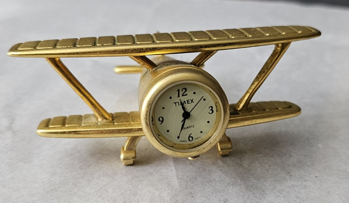 Vintage Timex Case Quartz Biplane Gold Tone Metal Analog Desk
