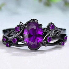 2Pcs/Set Fashion Black Gold Color Purple Rhinestone Zircon Rings For Women