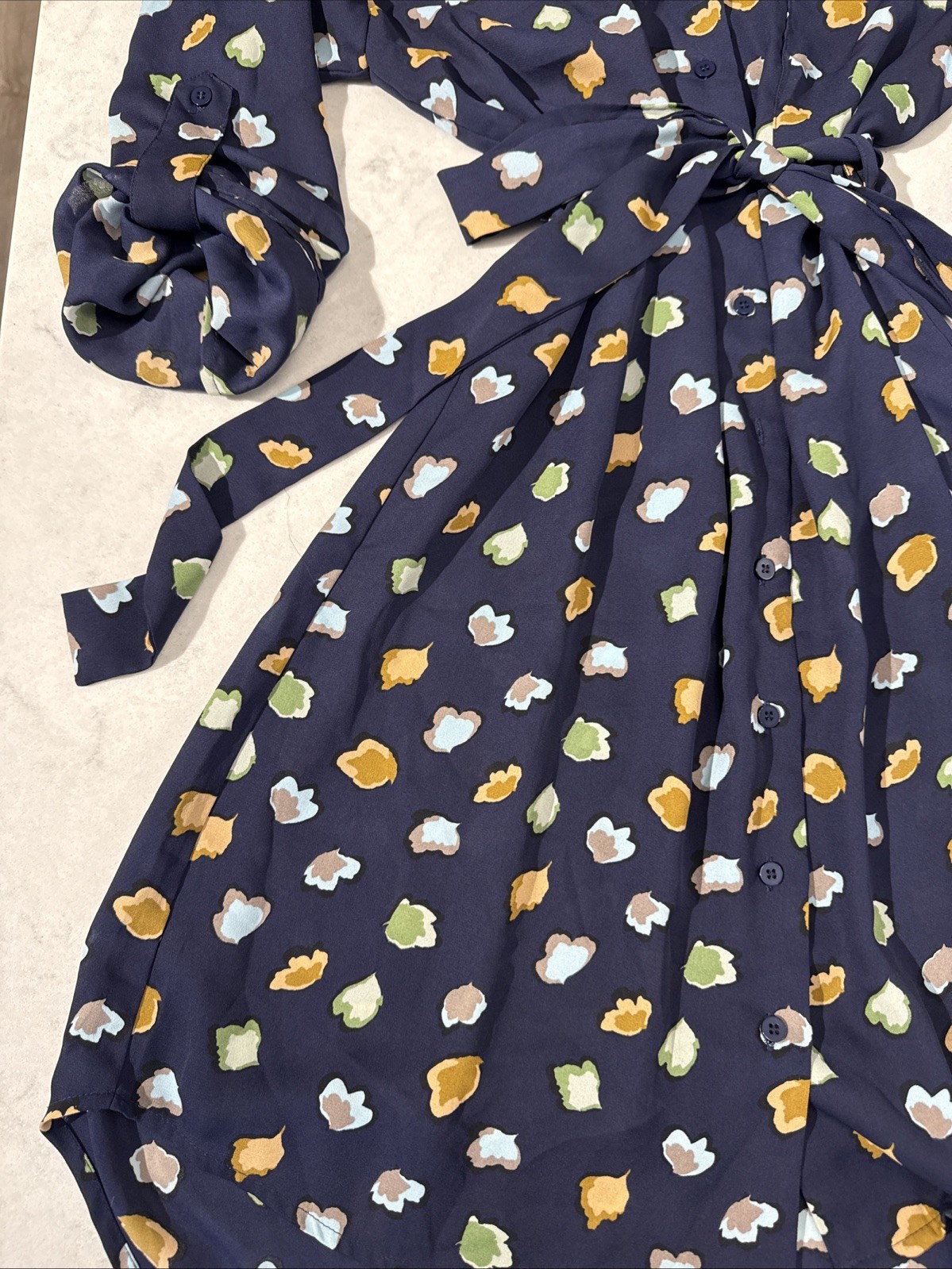 ECLAIR W Size S Navy Leaf Pattern Blouse Dress Bu… - image 3