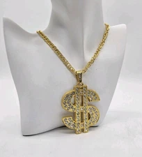 Rhinestone Iced Dollar Sign Pendant - Gold Tone - Hip Hop 28 Inch Chain