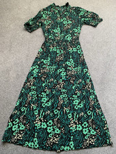 M&S Green/Black/White Floral Smock Midi Dress Round Neck Short Sleeve 8