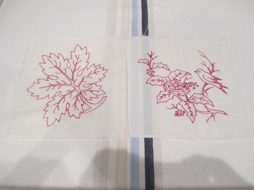 Vintage "Red Work" Embroidered Fabric Squares - Hand Embroidered Bird & Leaf