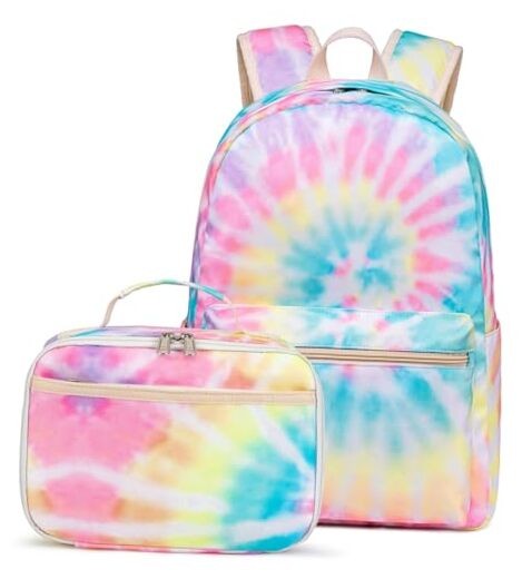 Tie Dye Yellow Kids School Backpack with Lunch Box for Girls & Boys-image