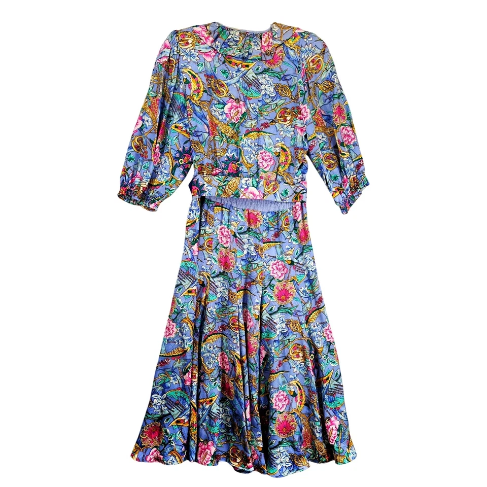 Vestido De Colección Años 80 Diane Freis 100% Seda Estampado Floral Cuello Volantes Manga Abullonada M Foto 2 de 4