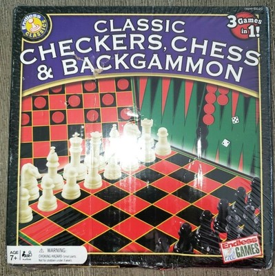 CLASSIC CHECKERS CHESS BACKGAMMON 3 GAMES IN ONE NEW NIP SEALED AGES 7 UP