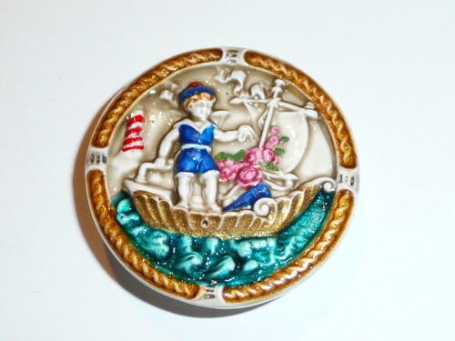 Large Art Stone Sailor Boy on Sailboat Shank Button 1-7/16" Boat Flower Sailor - Picture 2 of 6
