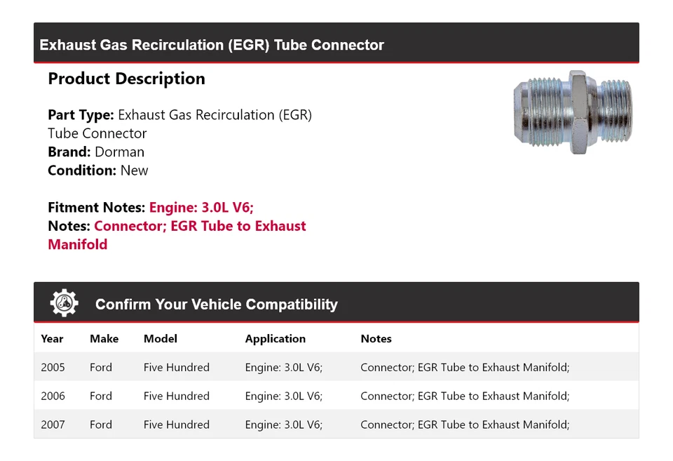 Conector de tubo Dorman EGR 2006 para Ford Five Hundred 3,0 L V6 2005-2007 Foto 2 de 4