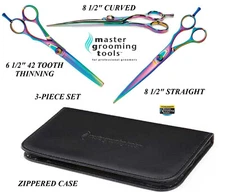 Master Grooming Tools RAINBOW 3pc SHEAR SET 8.5"CURVED,STRAIGHT&THINNING SCISSOR