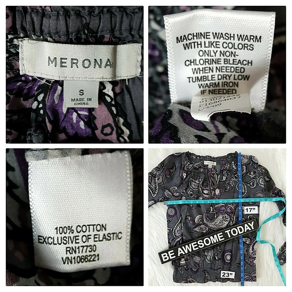 Merona Топ женщин маленький блузка серый пейсли хлопок крестьянин работы офиса карьеры - Изображение 4 из 4