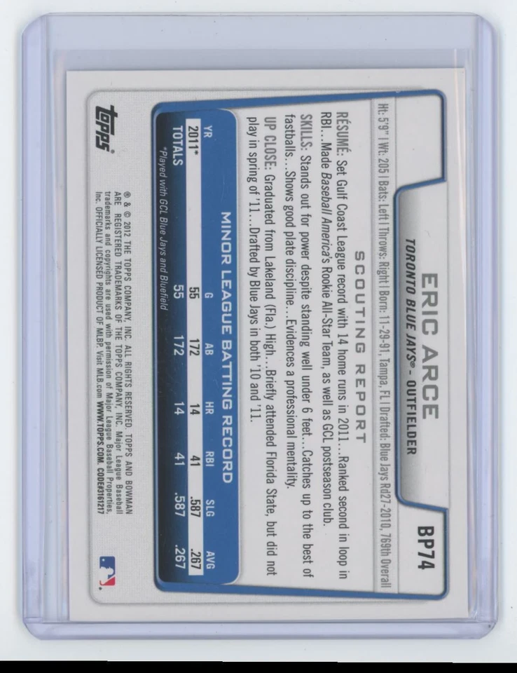 2012 Bowman Prospects Purple Eric Arce Rookie . Toronto Blue Jays #BP74 - Image 2 of 2