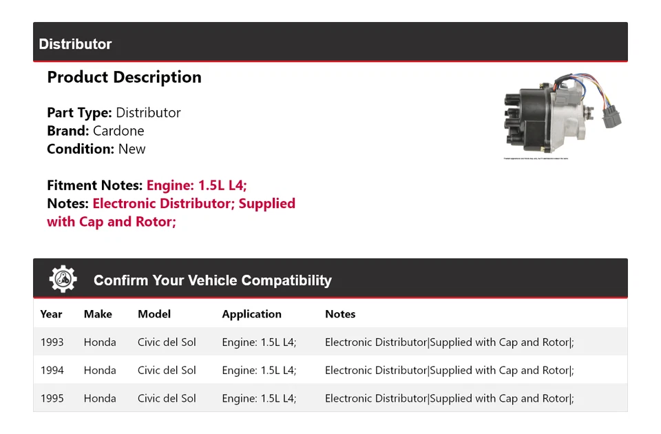 Для 1993-1995 Honda Civic del Sol 1,5 л L4 дистрибьютор Cardone 1994 - Изображение 2 из 4
