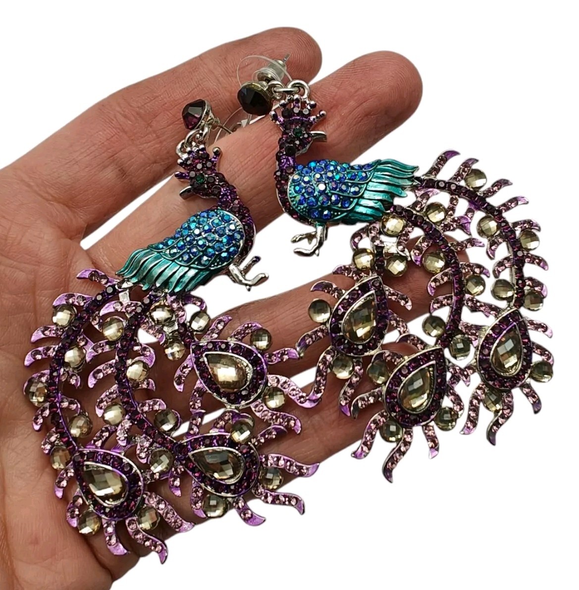 Large Peacock Fashion Statement Dangle Earrings S… - image 5