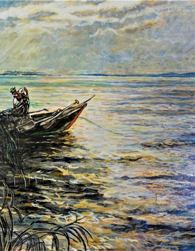 Fritz Strote,XX tolles Gemälde 1973: FISCHER MIT BOOT HOLT AM UFER SEIN NETZ EIN - Bild 8 von 12