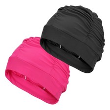 2Pcs Fabric Swim Cap Polyester Swimming Hat Elastic Swimming Cap, Black/Fuchsia