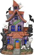 Halloween Decorations, Lighted Halloween Village Houses with LED Lights, Resin S