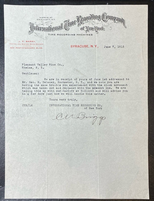 SYRACUSE, NY ~ INTERNATIONAL TIME RECORDING CO. of NEW YORK ~ Letterhead 1915