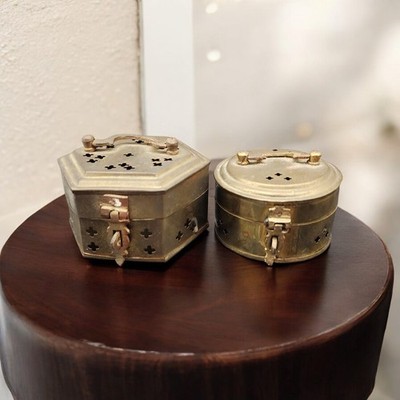 Vintage Brass Cricket Boxes Intricate Punched Design Set Of 2