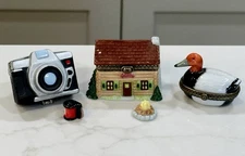 PHB Porcelain Hinged Trinket Box Lot x3: Log Cabin, 35mm Camera, Duck Decoy*